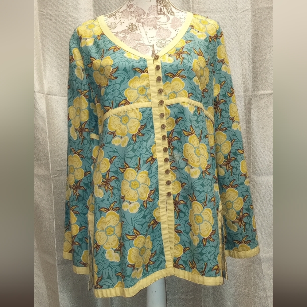Blue Yellow Floral Print Tunic Blouse Boho Top-fits like medium/large.